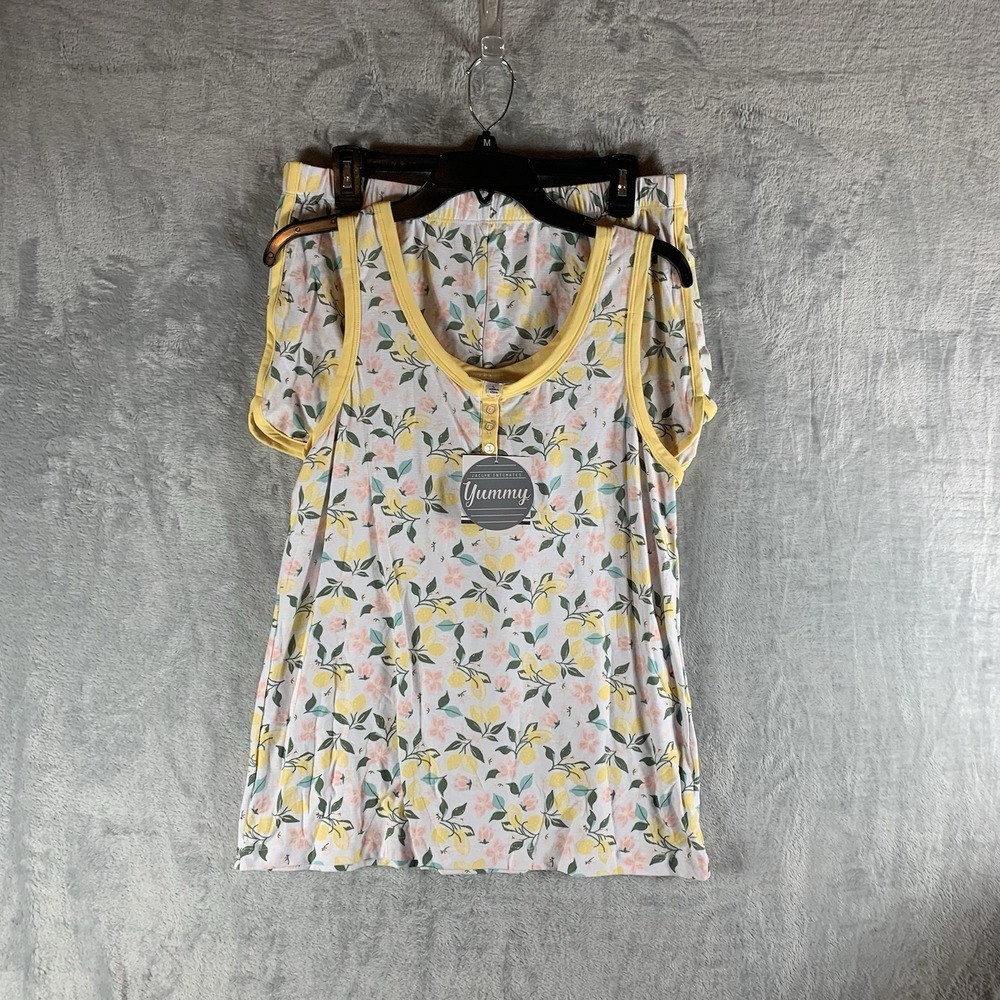 Roudelain Women's Pajamas Set L Tank Top Shorts Lemon Floral Soft Henley PJs NWT